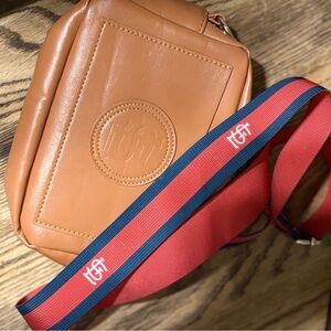 STL Cardinals Tan Leather Crossbody Bag with Red and Blue Strap